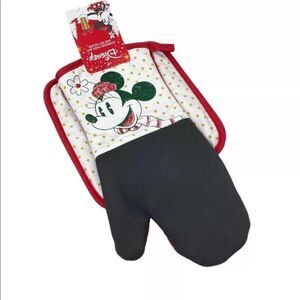 DISNEY MINNIE MOUSE HOLIDAY OVERSIZED OVEN MITT & POT HOLDER‎ SET CHRISTMAS